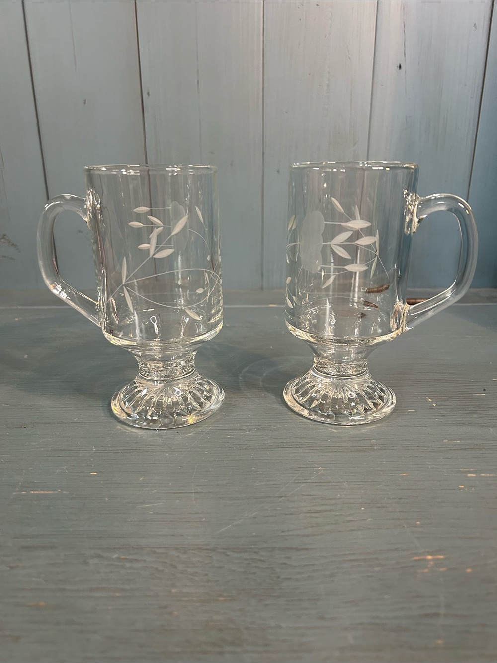 Vintage Princess House Heritage Clear Etched Glass Pedestal Mugs - Pair